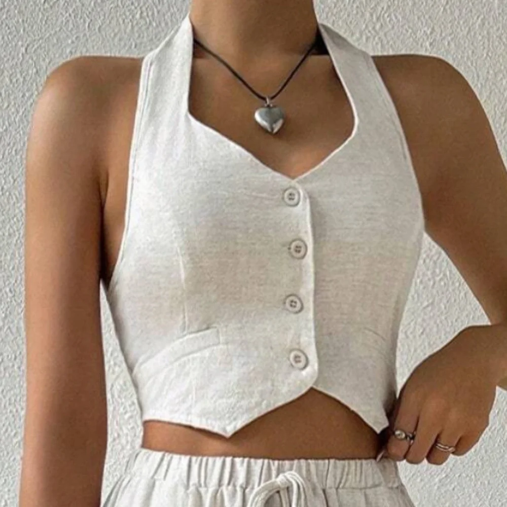 Linen Button Down Halter Crop Top Wide Leg Trouser Pants set - Picture 3 of 5